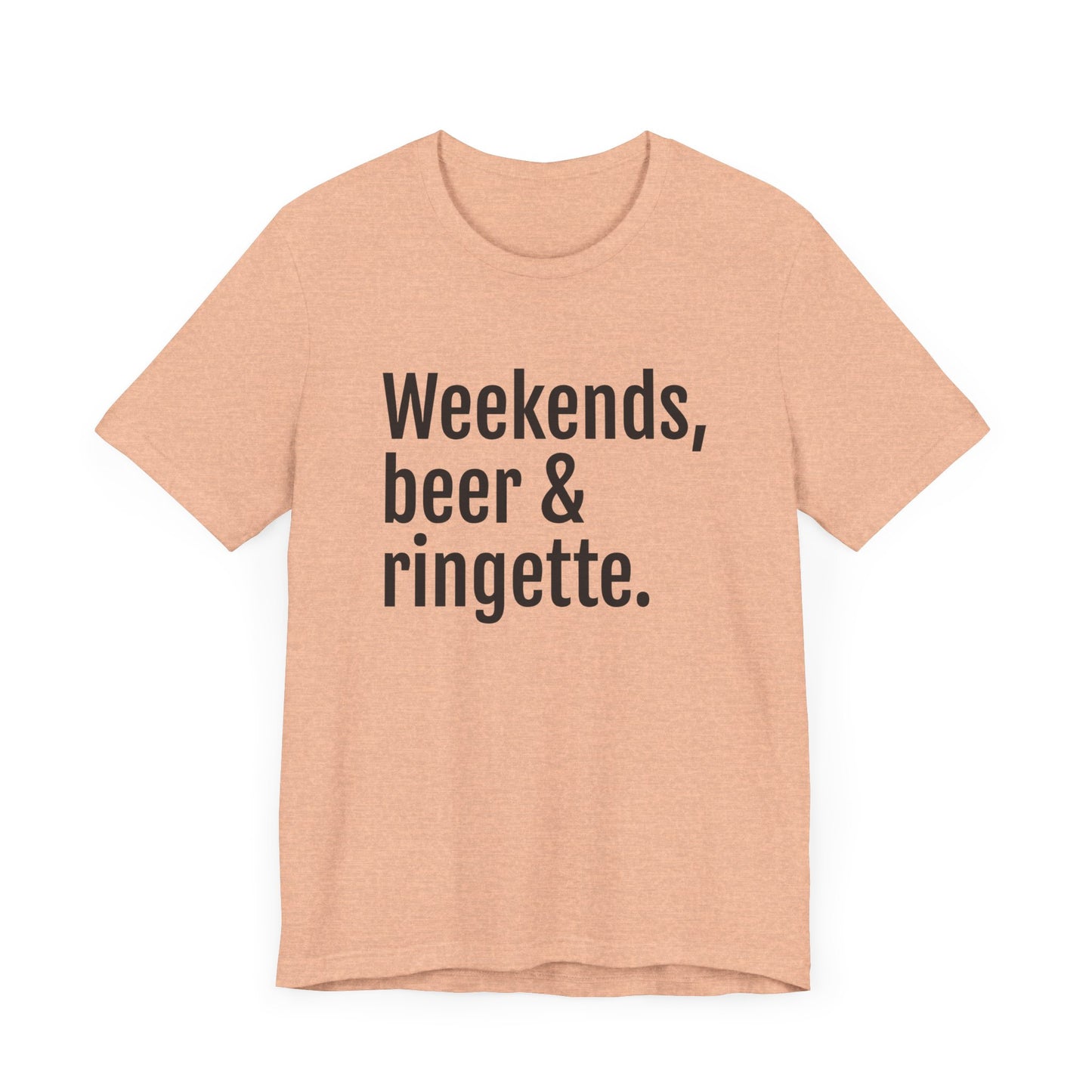 weekends, beer and ringette graphic peach adult t-shirt