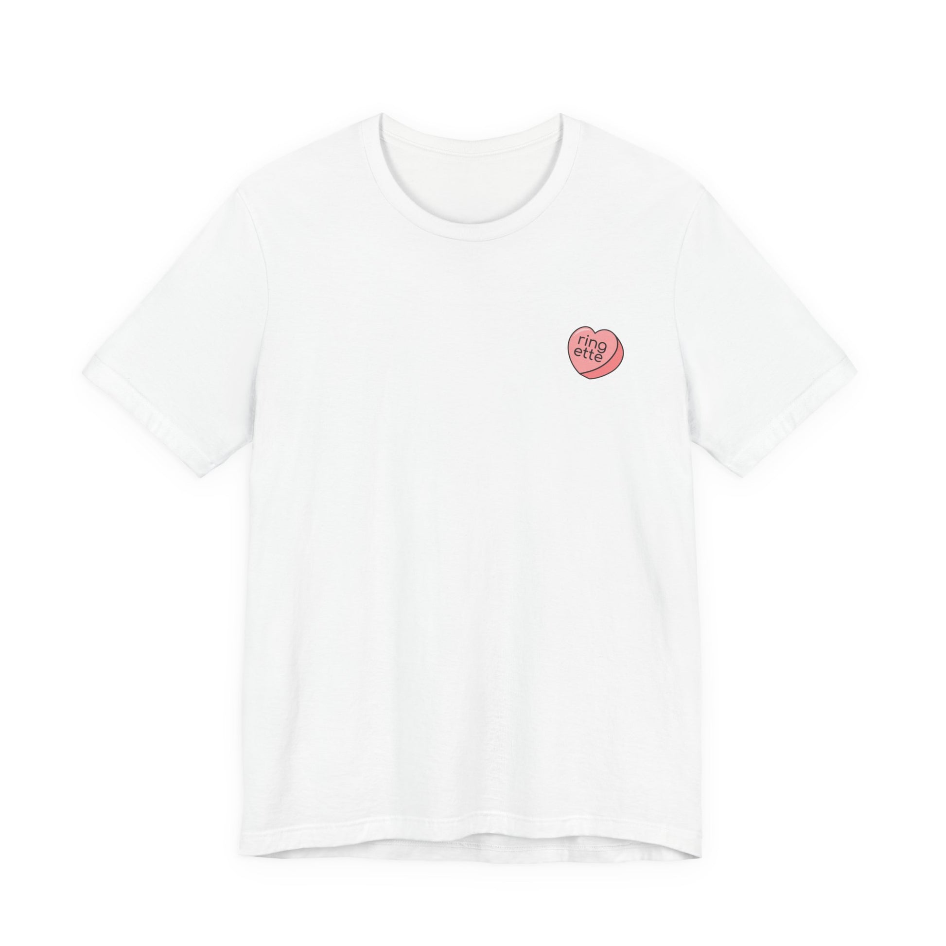 White t-shirt with a small pink heart-shaped logo and 'ringette' text on a white background