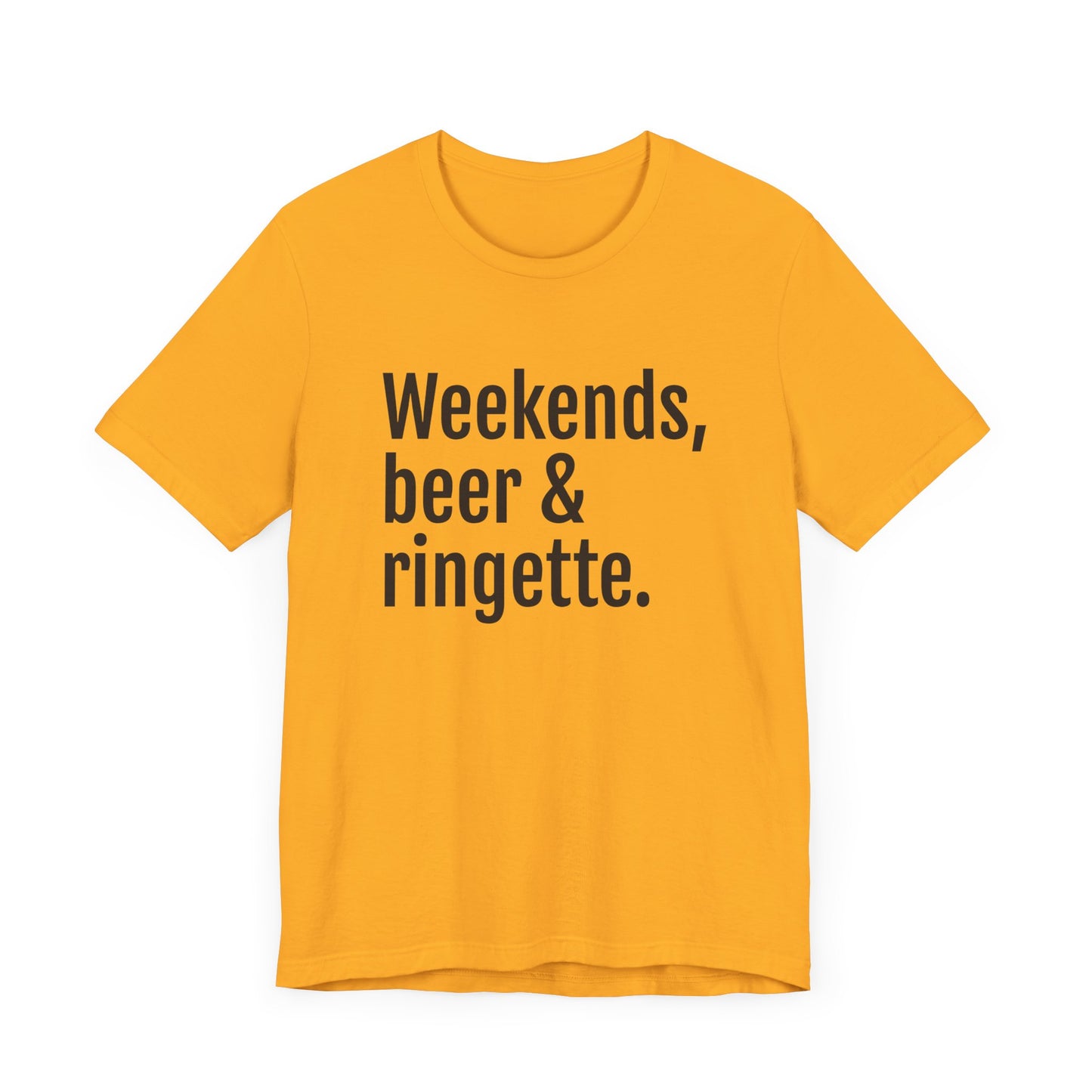 weekends, beer and ringette graphic yellow adult t-shirt